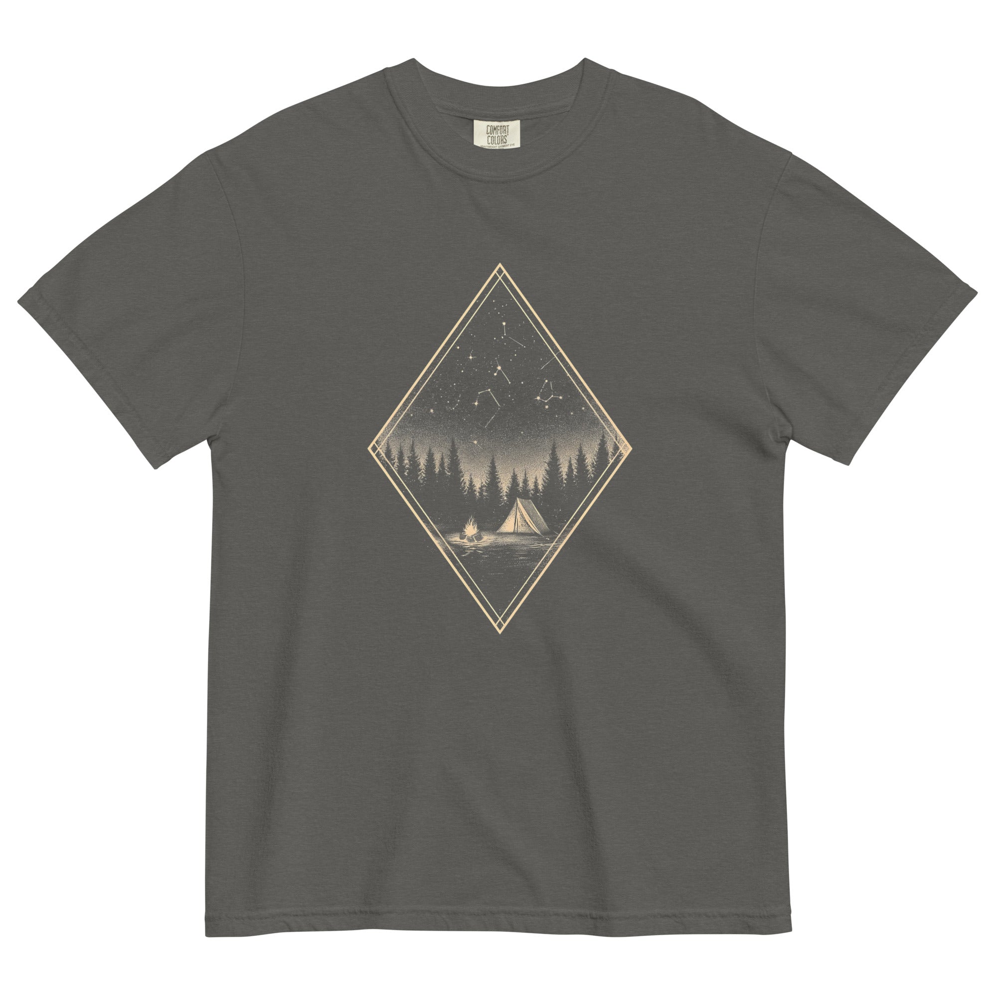 Camping tent and starfield design on a Pepper garment-dyed cotton t-shirt