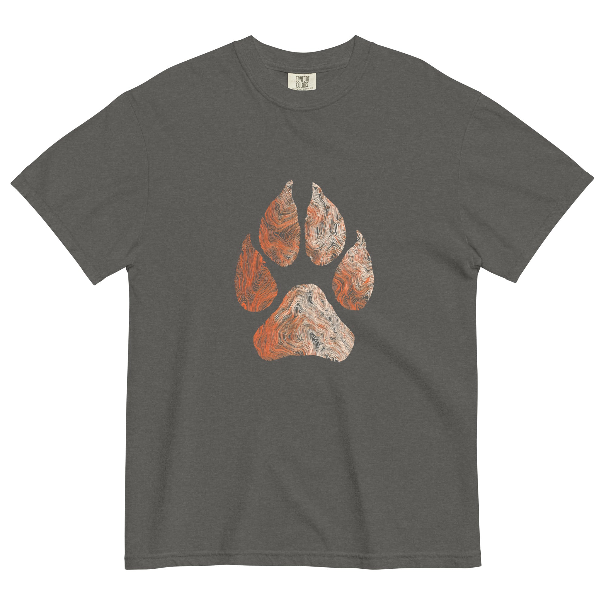 Wolf paw topographic design on a Pepper garment-dyed cotton t-shirt