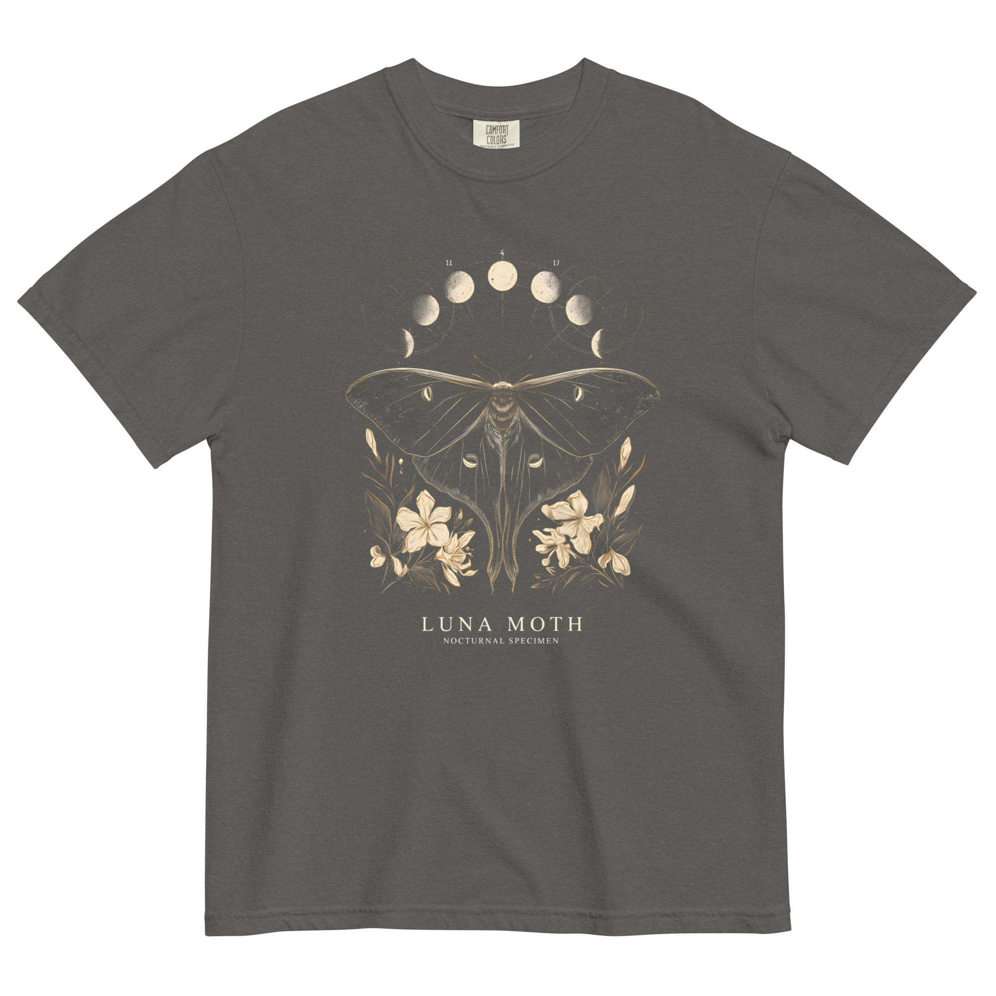 Luna moth specimen design on a Pepper garment-dyed cotton t-shirt