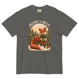 Fox in the snow Christmas design on a Pepper garment-dyed cotton t-shirt