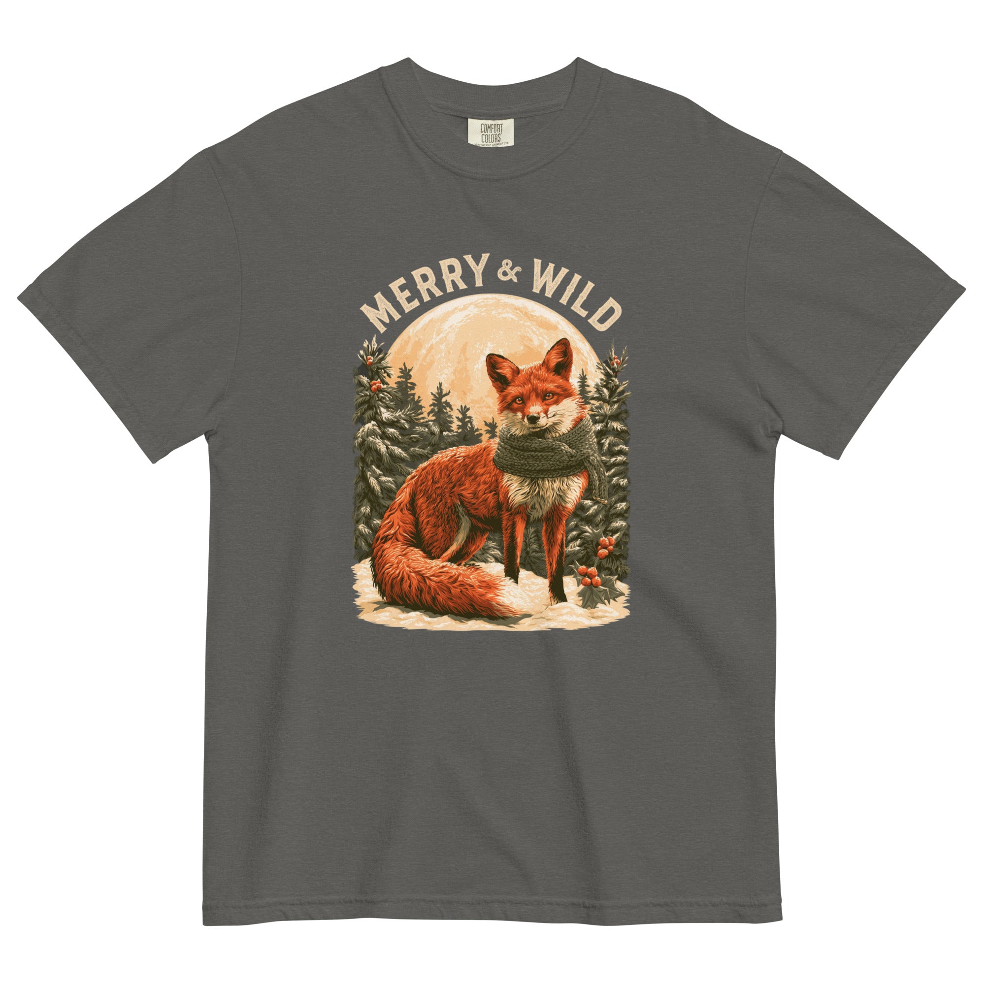 Fox in the snow Christmas design on a Pepper garment-dyed cotton t-shirt