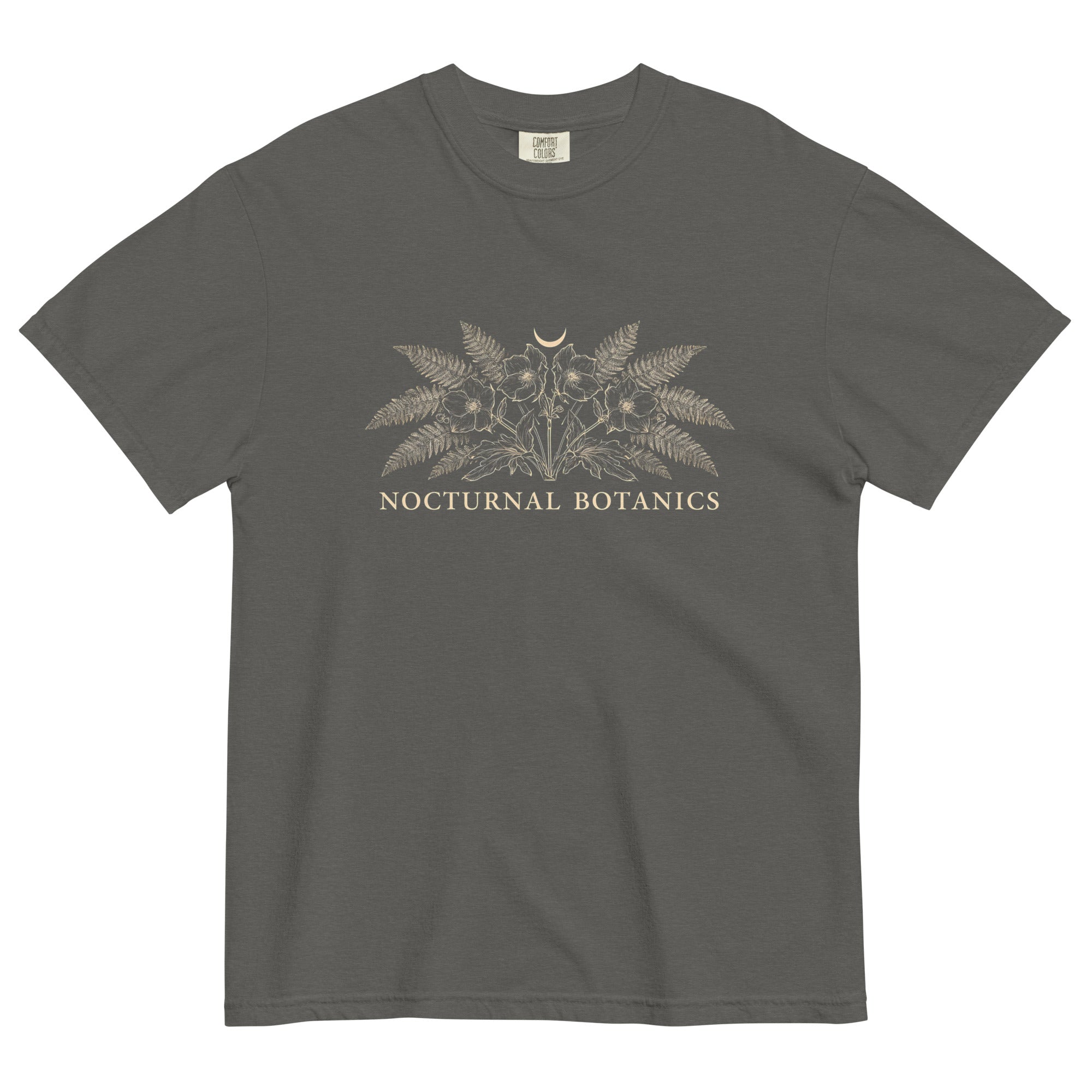 Nocturnal Botanics fern and flower design on a Pepper garment-dyed cotton t-shirt