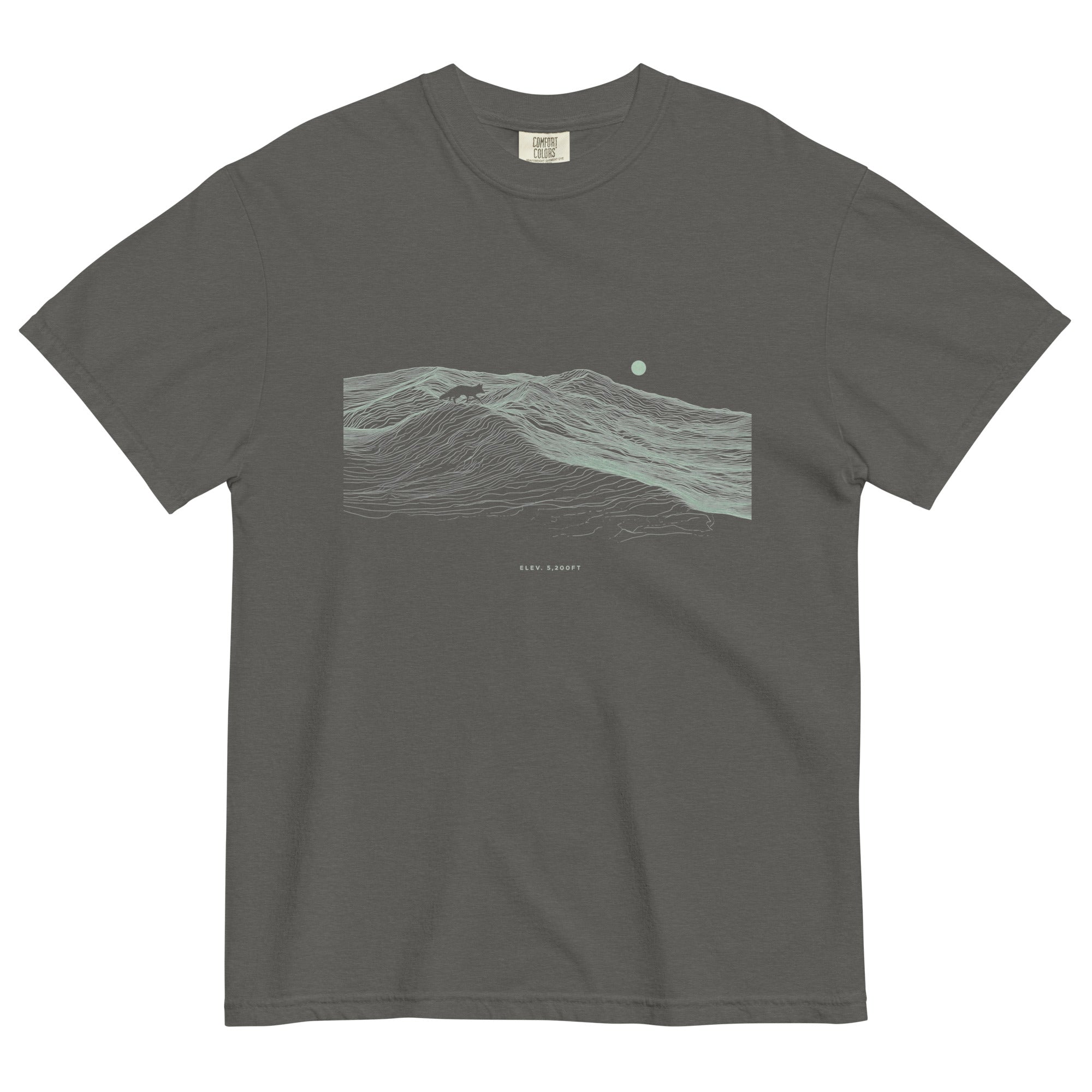 Fox on the ridge topographic design on a Pepper garment-dyed cotton t-shirt