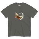 Butterfly and crescent moon design on a Pepper garment-dyed cotton t-shirt