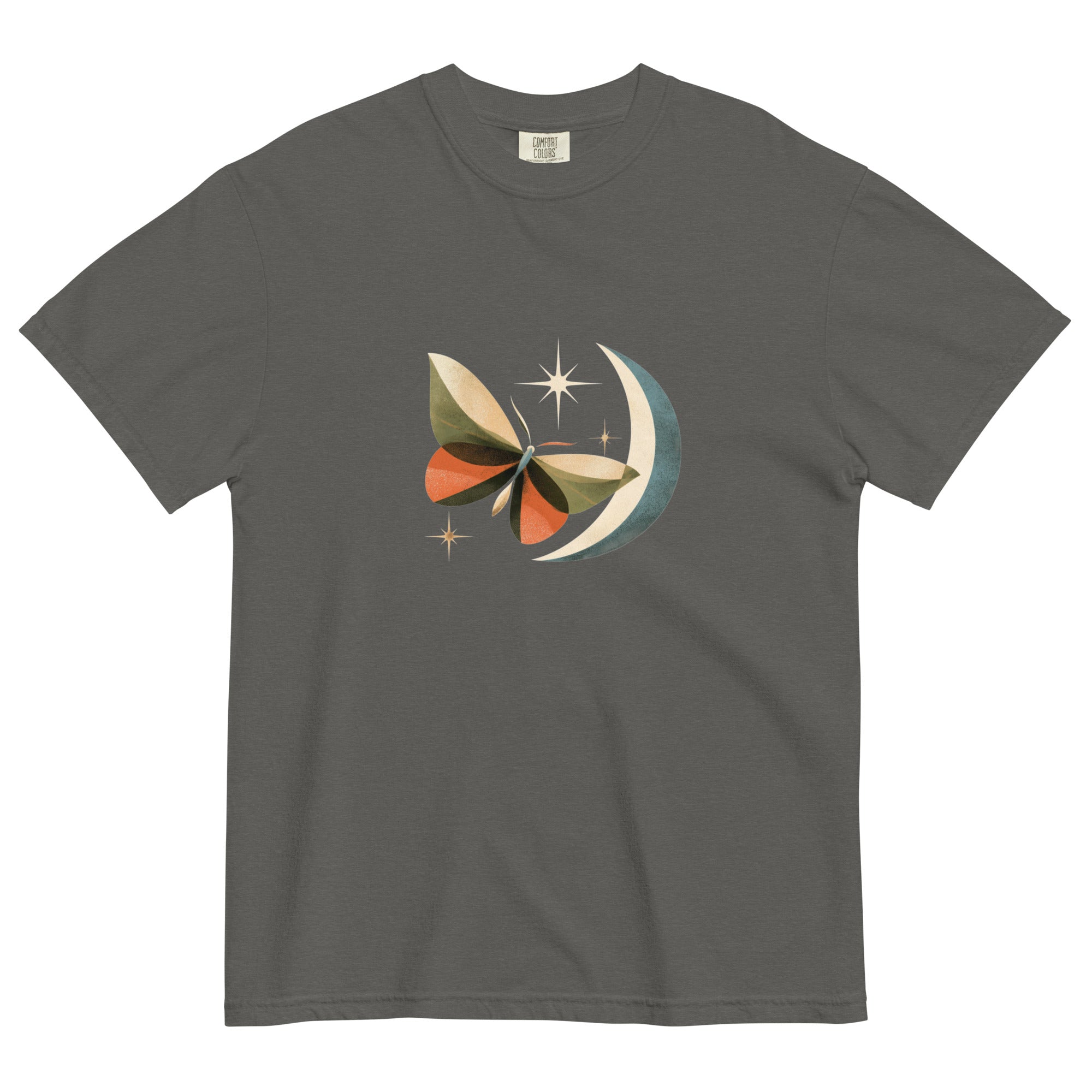 Butterfly and crescent moon design on a Pepper garment-dyed cotton t-shirt