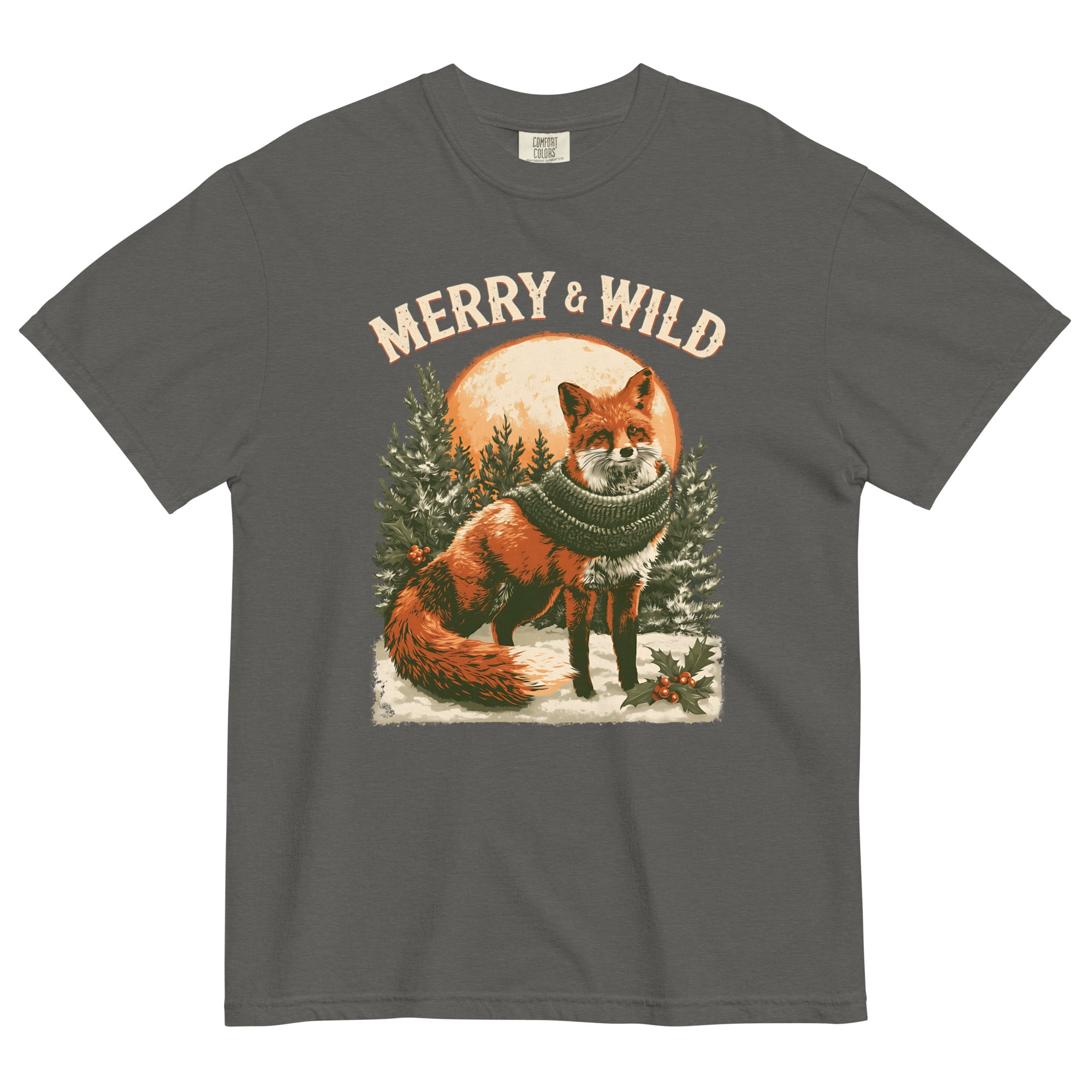 Fox in scarf Christmas design on a Pepper garment-dyed cotton t-shirt