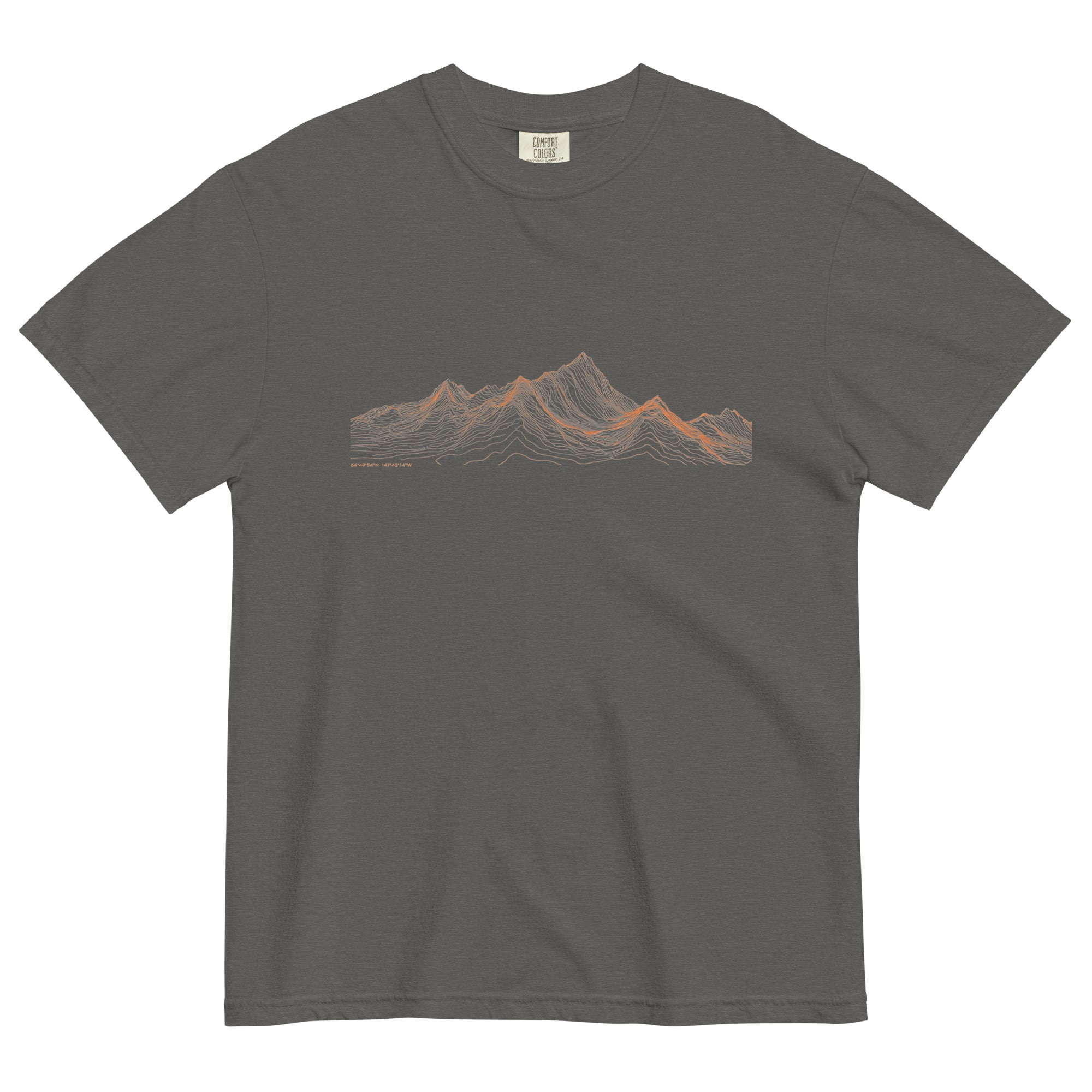 Mountain range topographic design on a Pepper garment-dyed cotton t-shirt