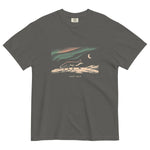 Fox and northern lights design on a Pepper garment-dyed cotton t-shirt