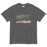 Fox and northern lights design on a Pepper garment-dyed cotton t-shirt