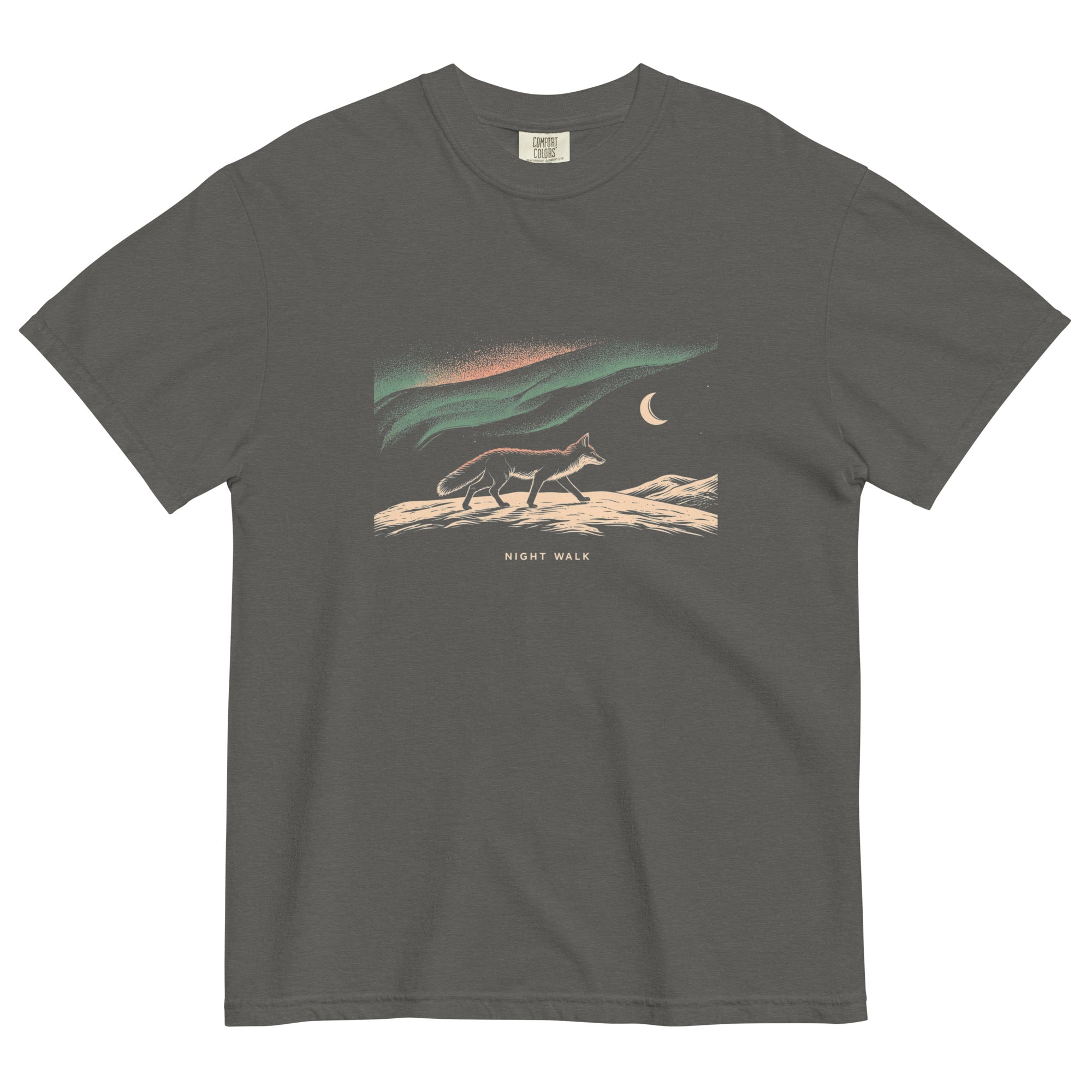 Fox and northern lights design on a Pepper garment-dyed cotton t-shirt