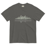 Mountain lake reflection design on a Pepper garment-dyed cotton t-shirt