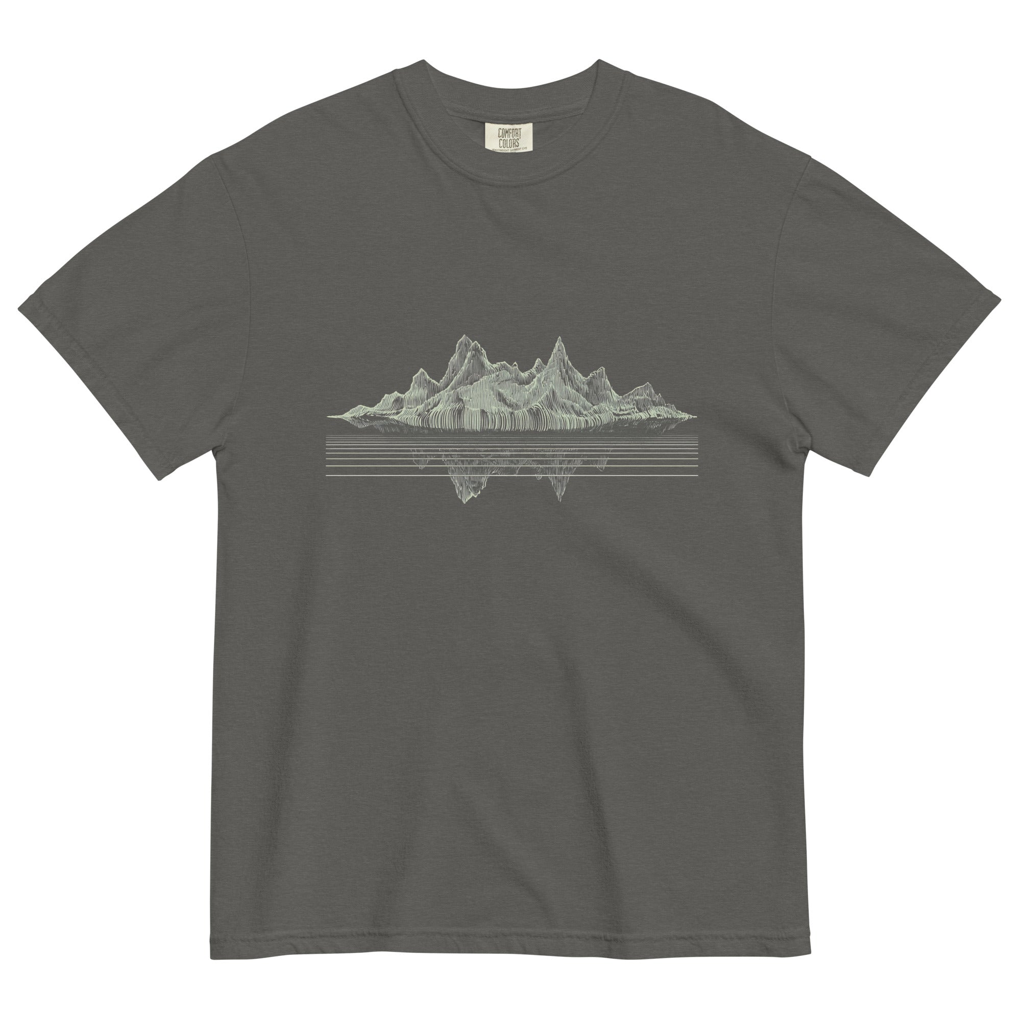 Mountain lake reflection design on a Pepper garment-dyed cotton t-shirt