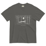 Running fox moonlit forest design on a Pepper garment-dyed cotton t-shirt