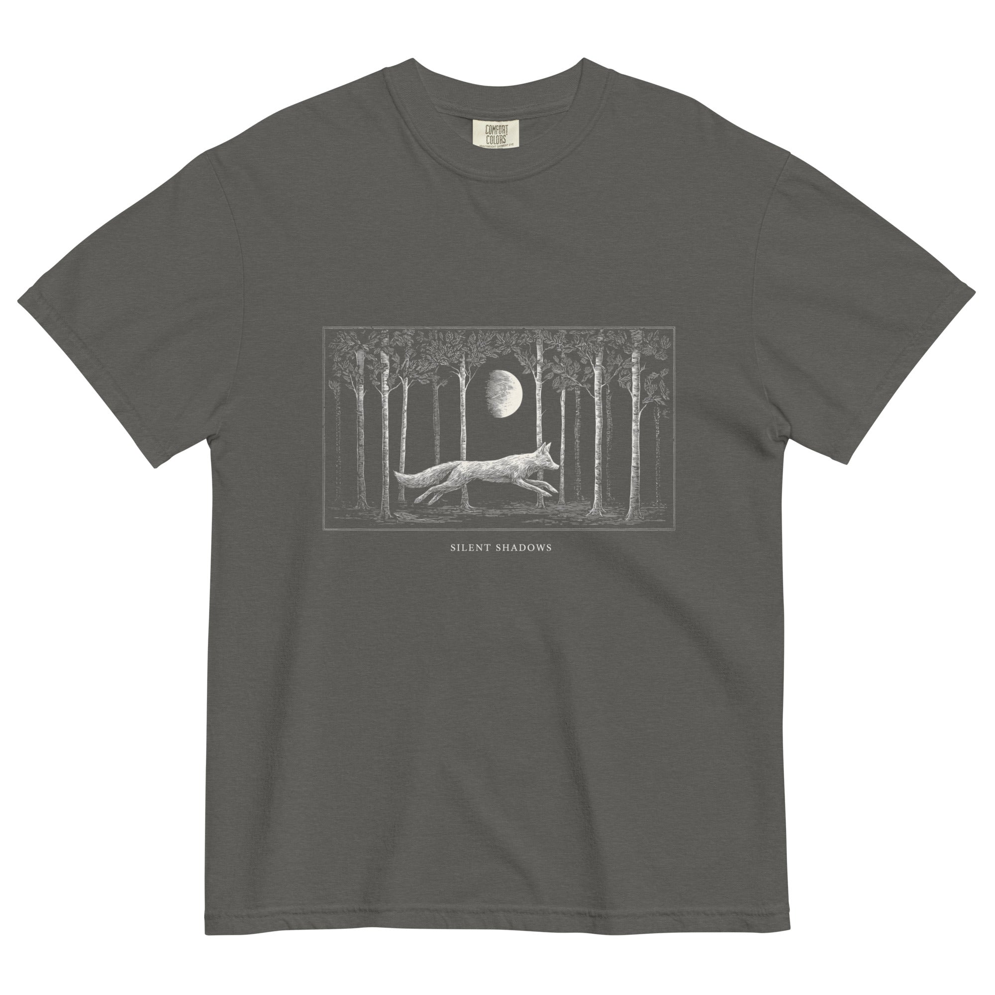 Running fox moonlit forest design on a Pepper garment-dyed cotton t-shirt
