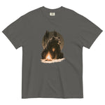Bear and campfire design on a Pepper garment-dyed cotton t-shirt
