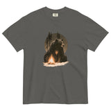 Bear and campfire design on a Pepper garment-dyed cotton t-shirt