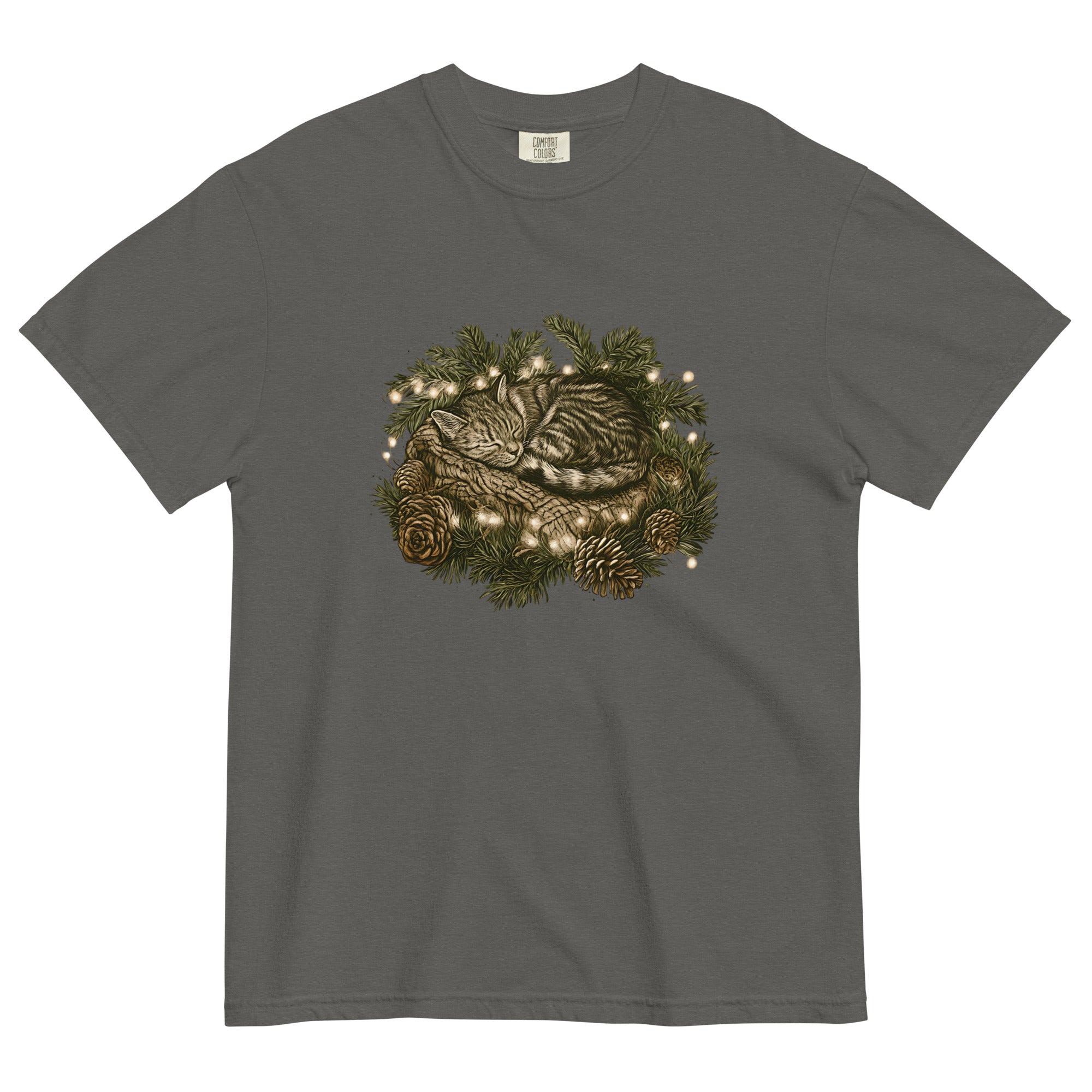 Kitten asleep in a Christmas wreath design on a Pepper garment-dyed cotton t-shirt