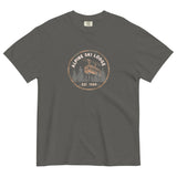 Alpine ski lodge gondola badge design on a Pepper garment-dyed cotton t-shirt
