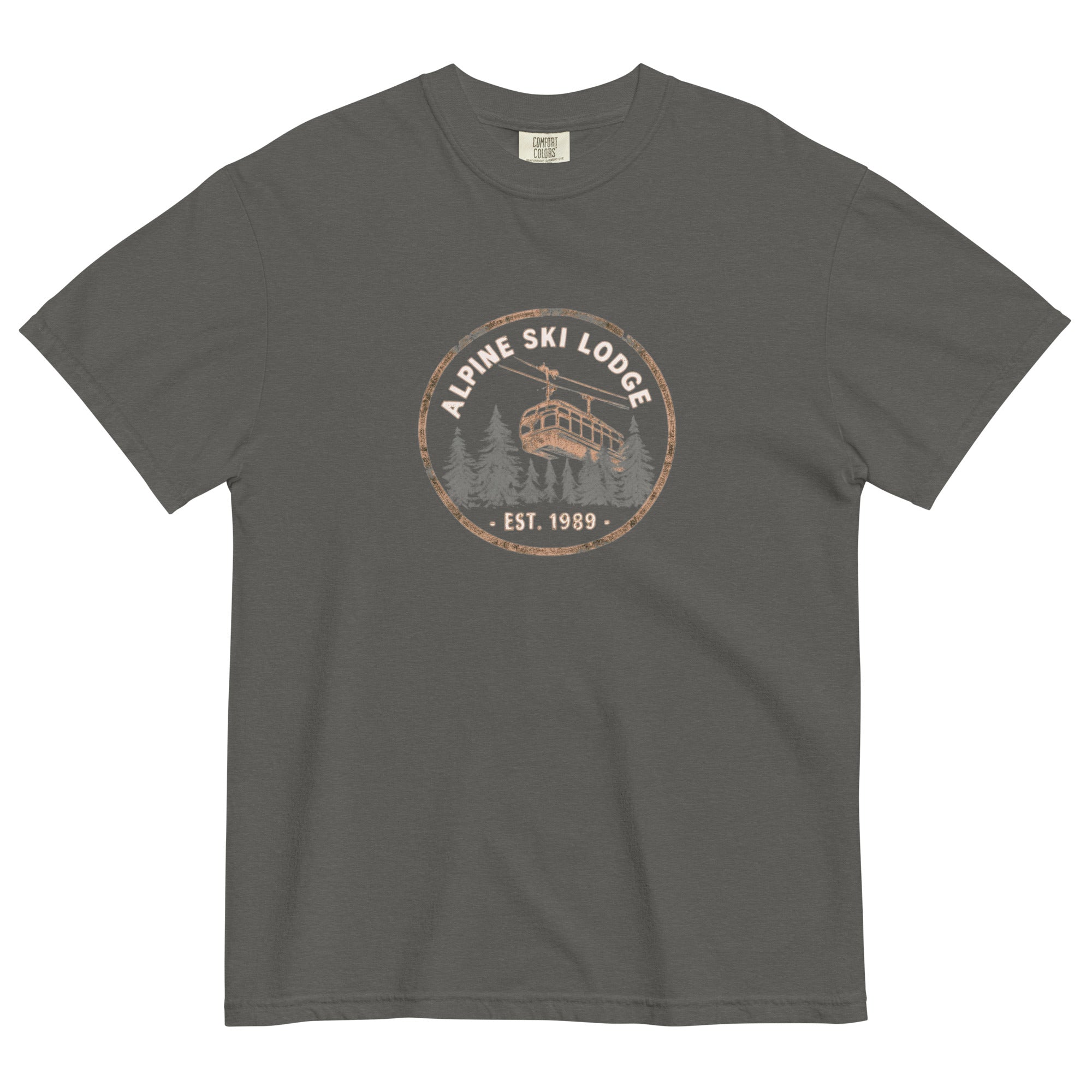 Alpine ski lodge gondola badge design on a Pepper garment-dyed cotton t-shirt