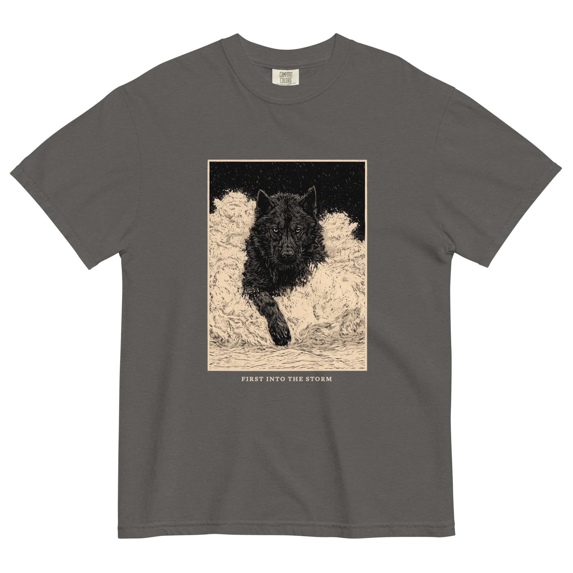 Black wolf in deep snow design on a Pepper garment-dyed cotton t-shirt