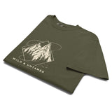 Mountain peaks and orbital rings design on a Sage garment-dyed cotton t-shirt