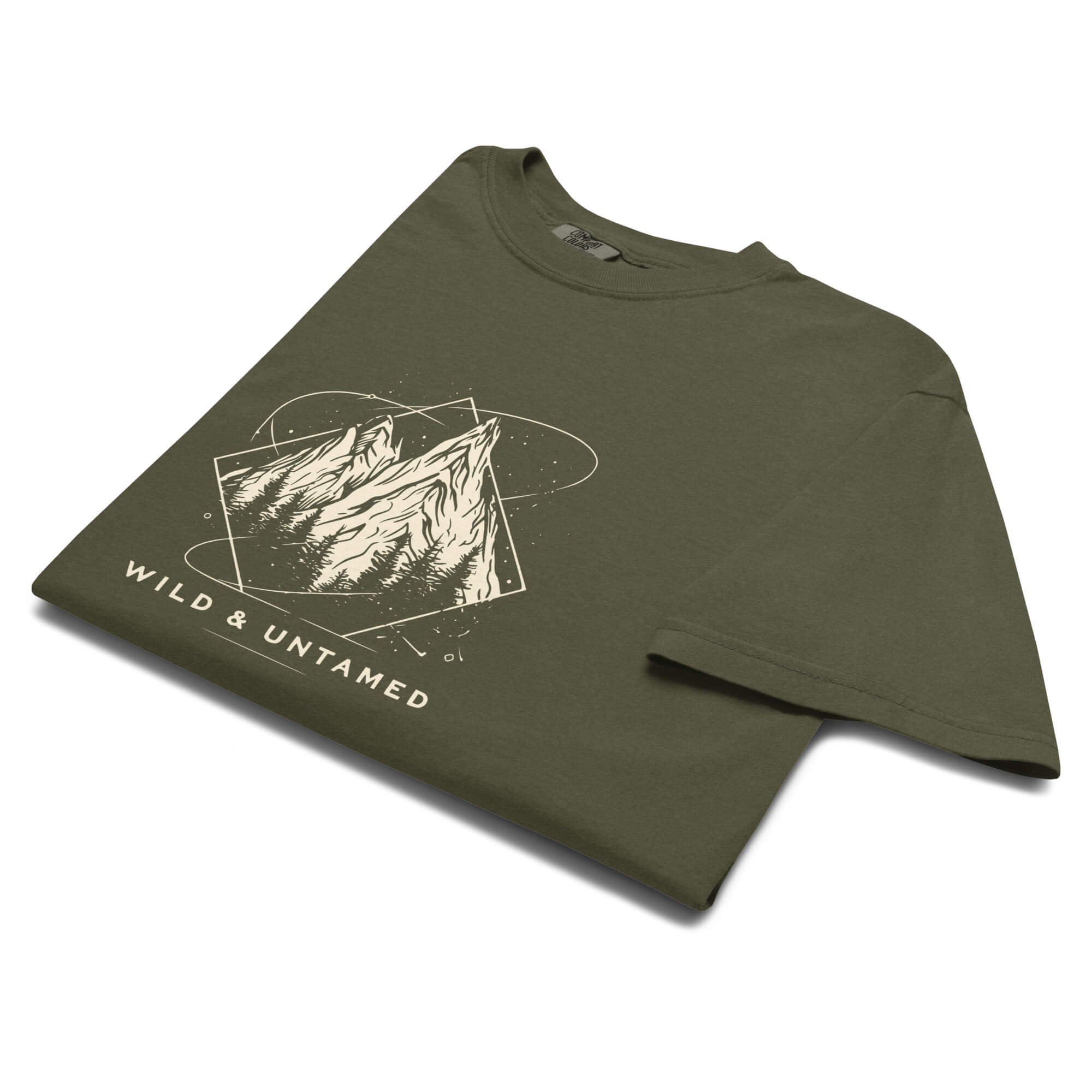 Mountain peaks and orbital rings design on a Sage garment-dyed cotton t-shirt