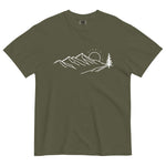 Mountain sunrise line design on a Sage garment-dyed cotton t-shirt