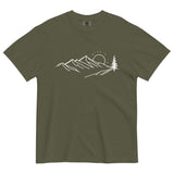 Mountain sunrise line design on a Sage garment-dyed cotton t-shirt