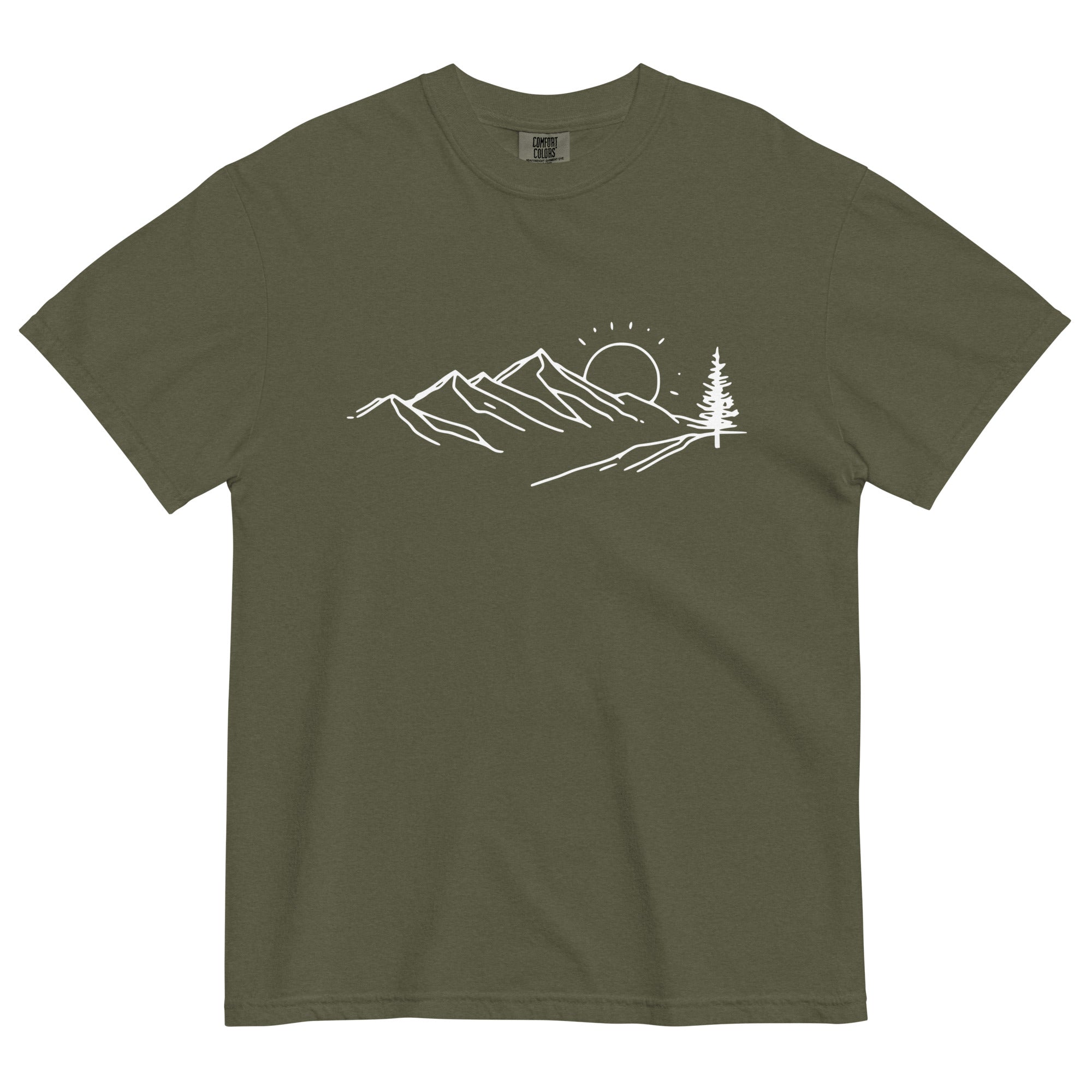 Mountain sunrise line design on a Sage garment-dyed cotton t-shirt
