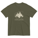 Mountain peaks and orbital rings design on a Sage garment-dyed cotton t-shirt
