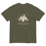 Mountain peaks and orbital rings design on a Sage garment-dyed cotton t-shirt