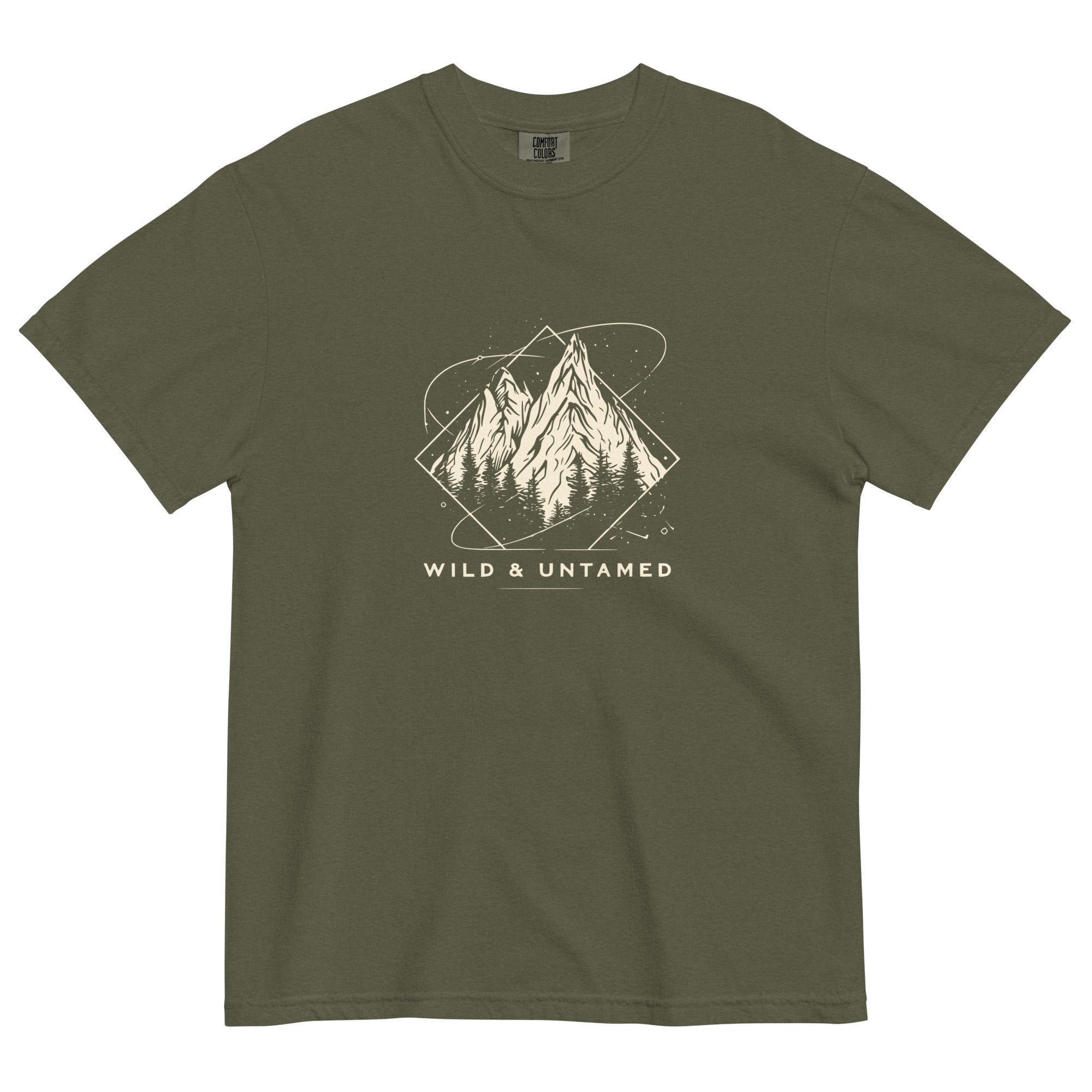 Mountain peaks and orbital rings design on a Sage garment-dyed cotton t-shirt