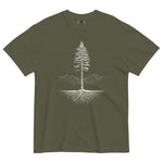 Pine tree and roots design on a Sage garment-dyed cotton t-shirt