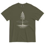 Pine tree and roots design on a Sage garment-dyed cotton t-shirt