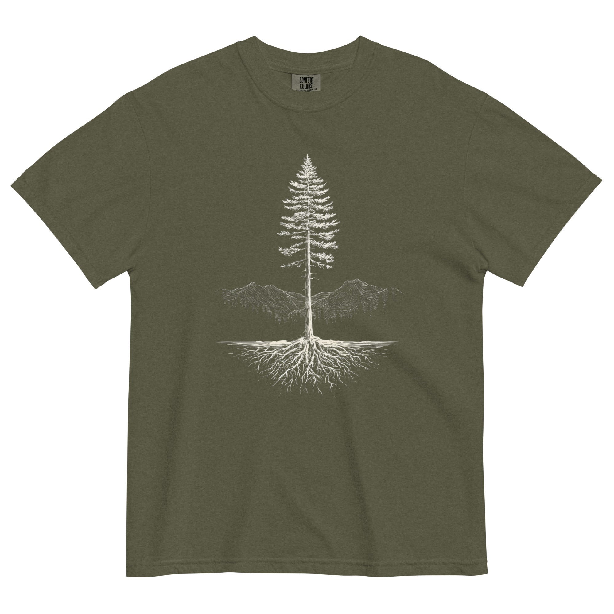 Pine tree and roots design on a Sage garment-dyed cotton t-shirt