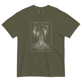 Redwood tree and roots design on a Sage garment-dyed cotton t-shirt