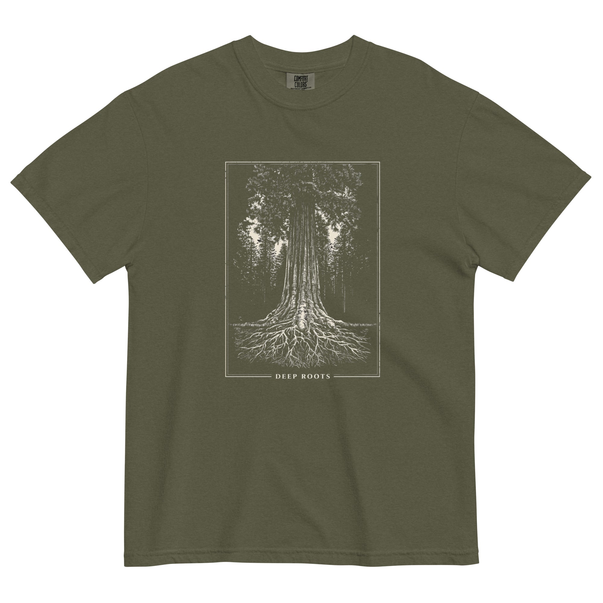Redwood tree and roots design on a Sage garment-dyed cotton t-shirt