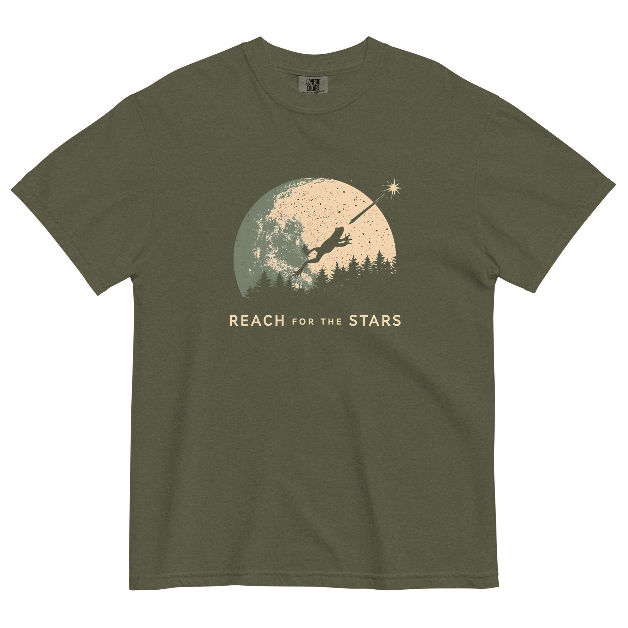 Frog and full moon design on a Sage garment-dyed cotton t-shirt