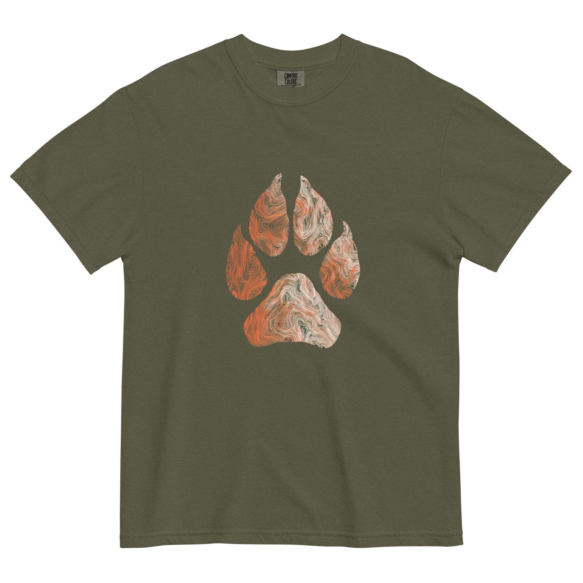 Wolf paw topographic design on a Sage garment-dyed cotton t-shirt