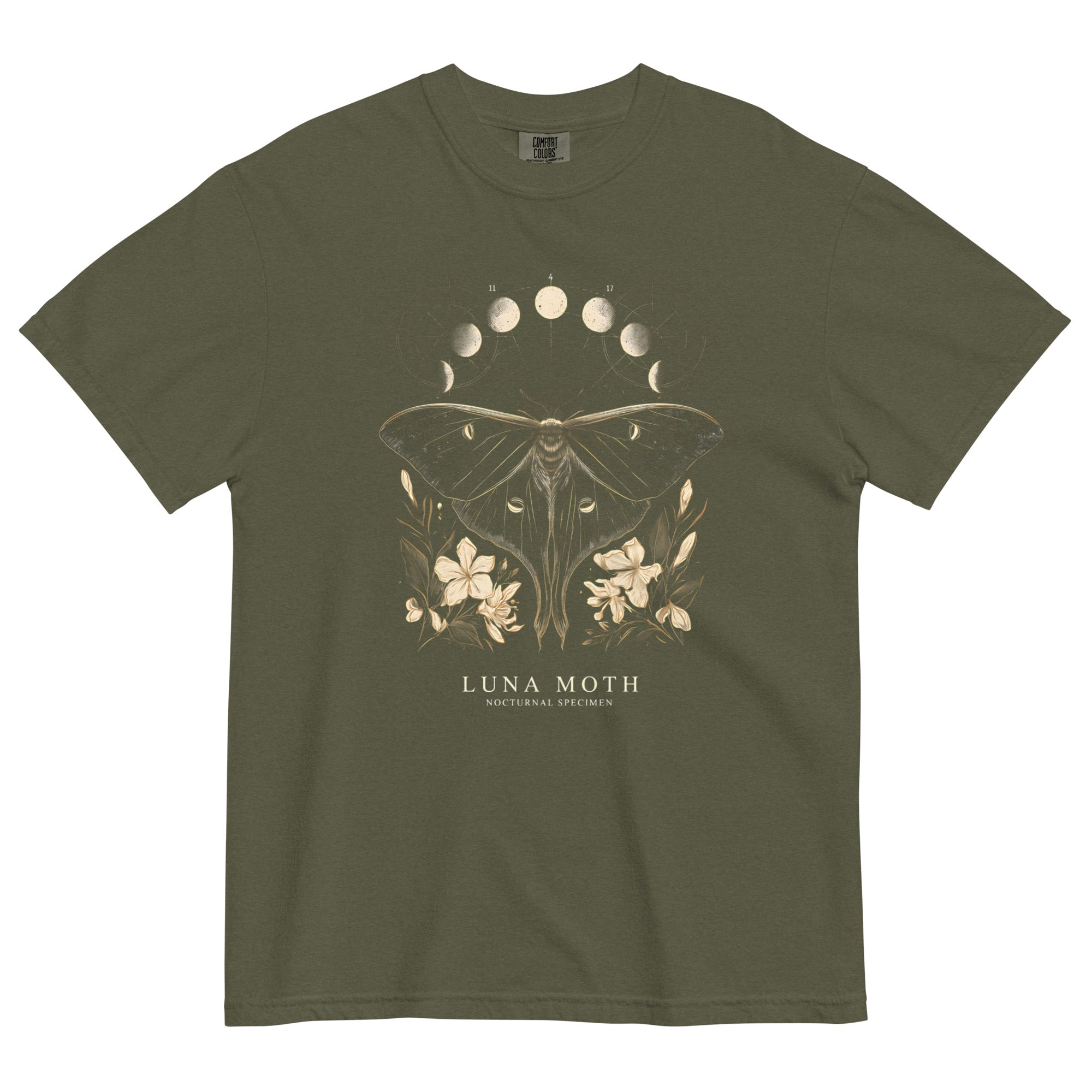 Luna moth specimen design on a Sage garment-dyed cotton t-shirt