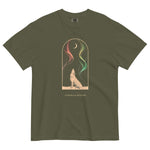 Howling wolf and aurora design on a Sage garment-dyed cotton t-shirt