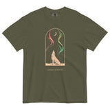 Howling wolf and aurora design on a Sage garment-dyed cotton t-shirt