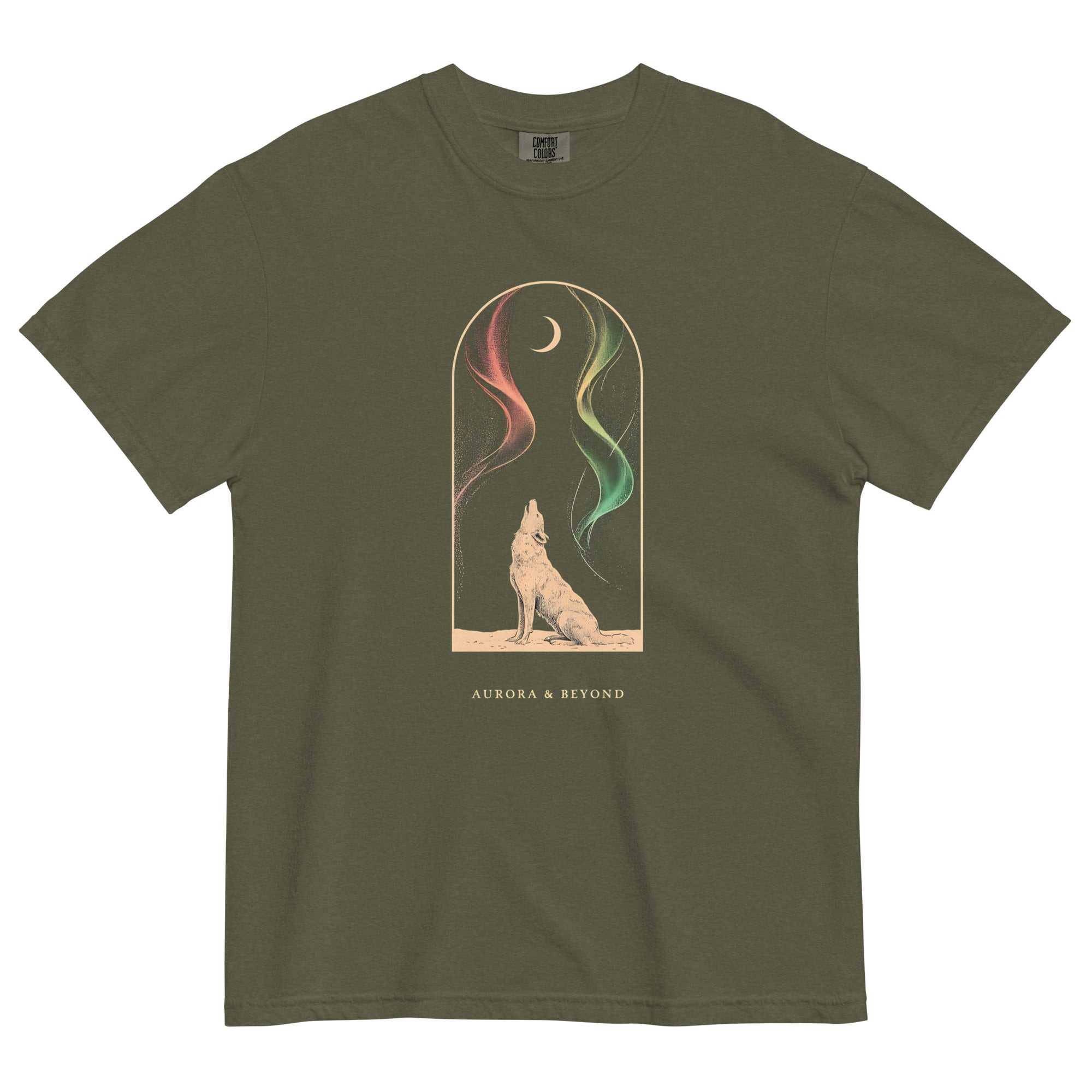 Howling wolf and aurora design on a Sage garment-dyed cotton t-shirt