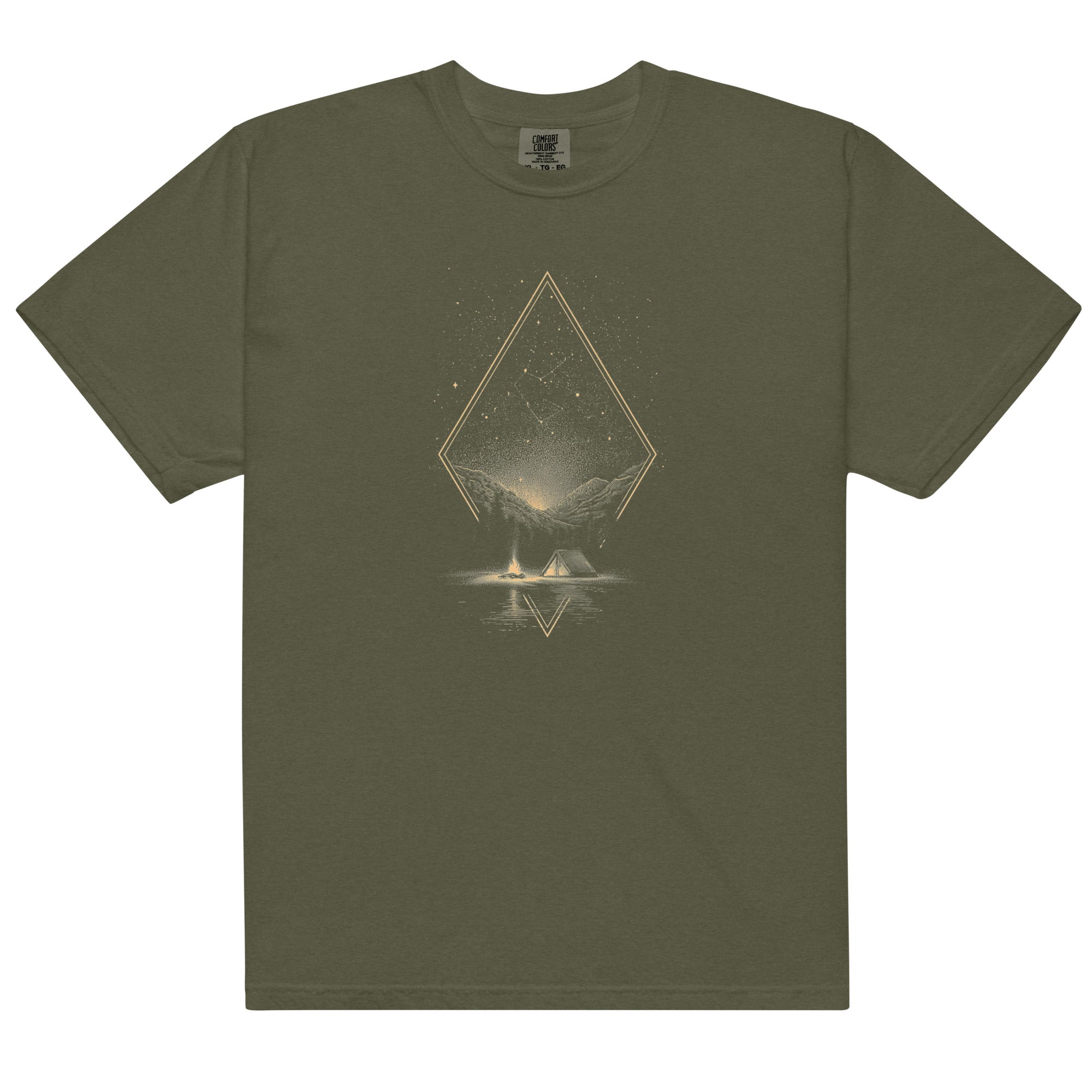 Camping under the stars design on a Sage garment-dyed cotton t-shirt