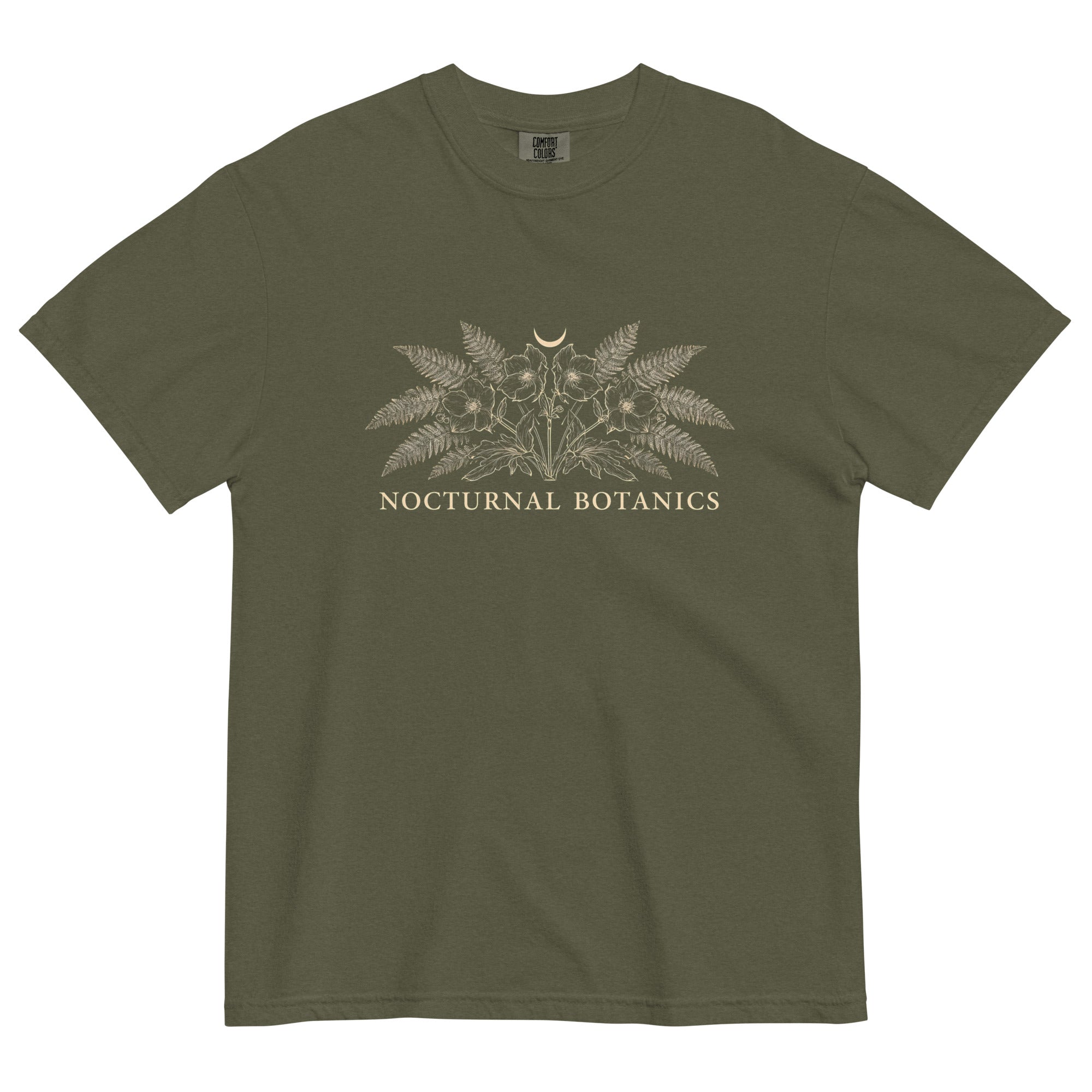 Nocturnal Botanics fern and flower design on a Sage garment-dyed cotton t-shirt