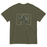 Monstera leaf design on a Sage garment-dyed cotton t-shirt