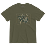 Monstera leaf design on a Sage garment-dyed cotton t-shirt
