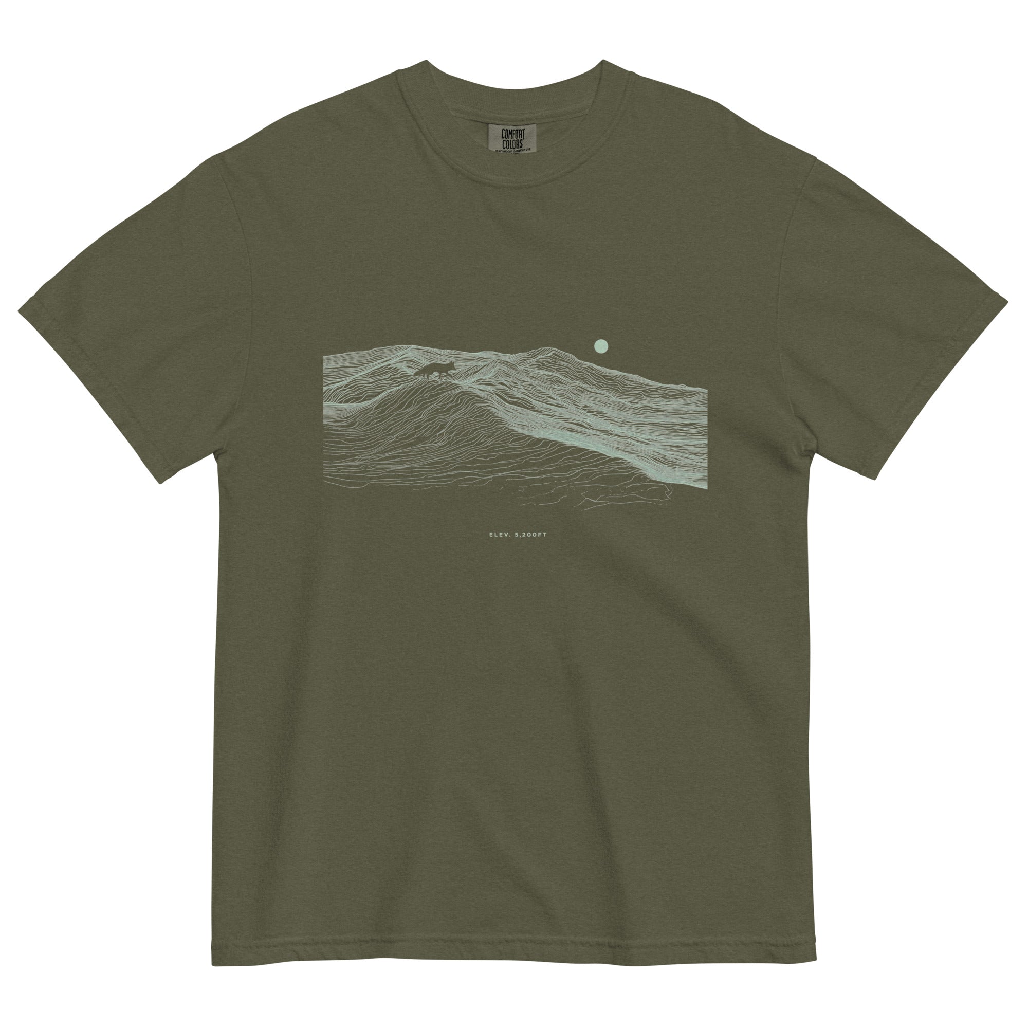 Fox on the ridge topographic design on a Sage garment-dyed cotton t-shirt
