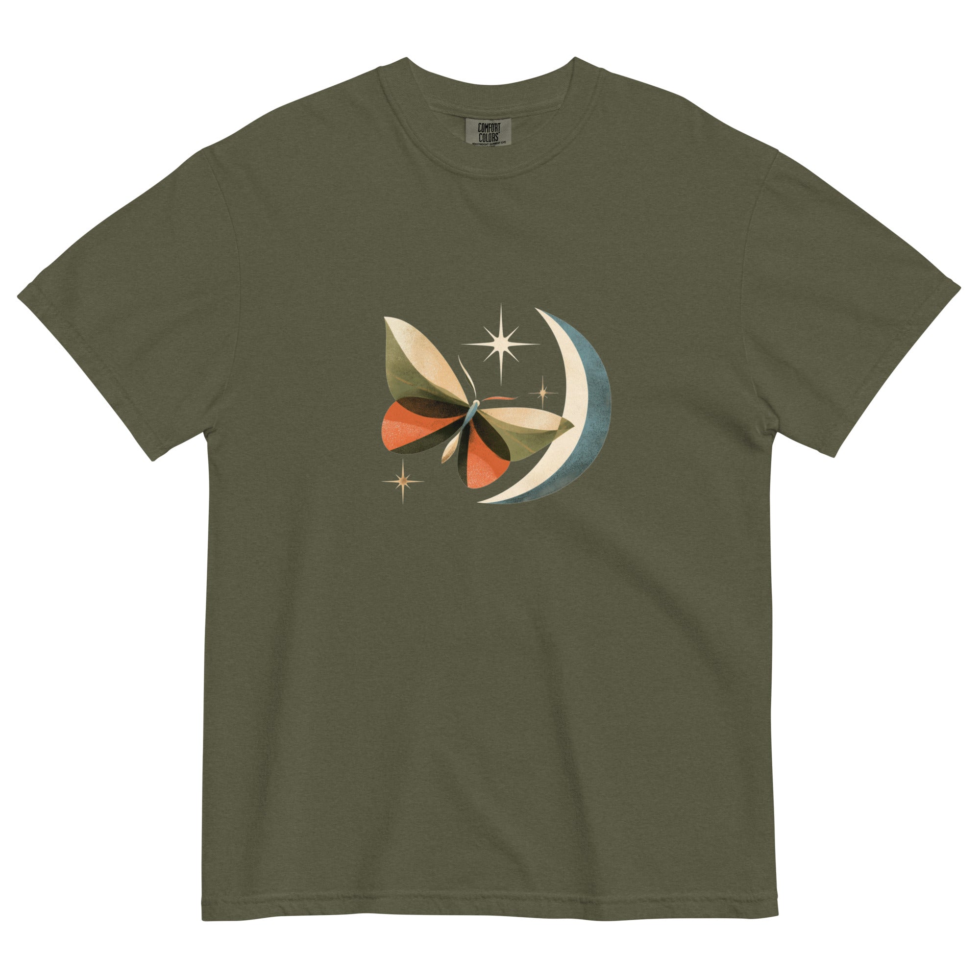 Butterfly and crescent moon design on a Sage garment-dyed cotton t-shirt