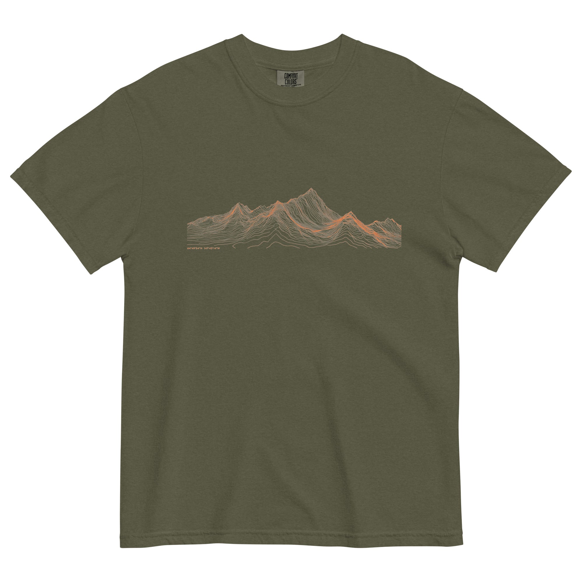 Mountain range topographic design on a Sage garment-dyed cotton t-shirt